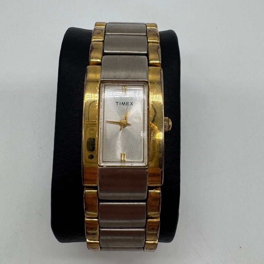 Timex Womens Two Tone Rectangular Dress Watch Silver Gold H8 CR1216 needs bat
